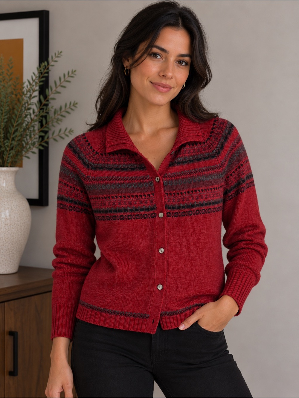 Eddie Bauer Red Fair Isle Button-Up Cardigan